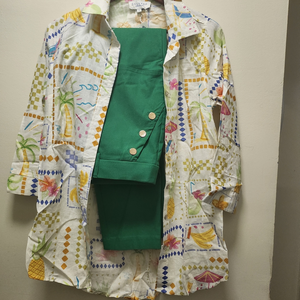 Colorful Patterned Shirt with Green Pants